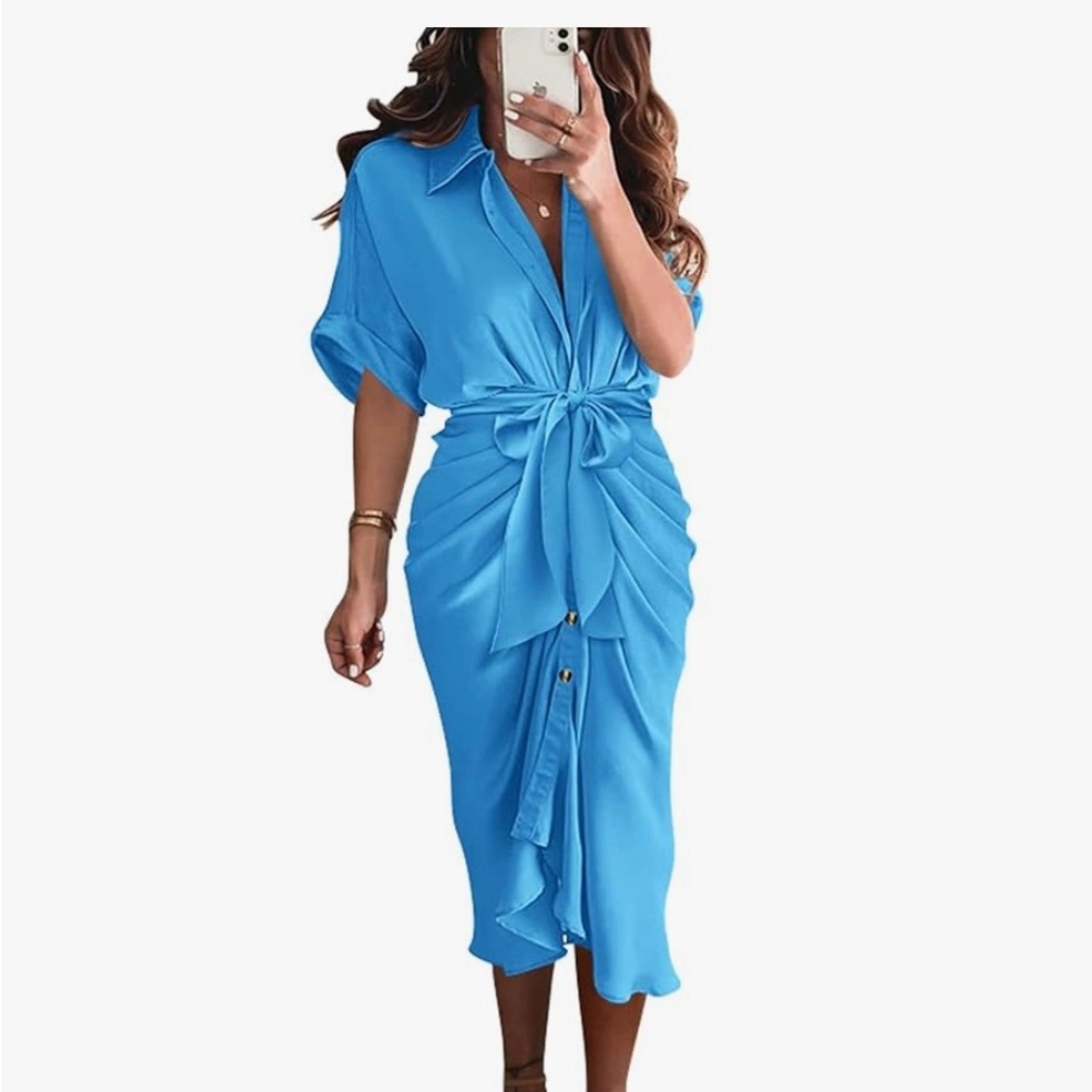 Elegant Satin Ruched Shirt Dress - Picture 2 of 12